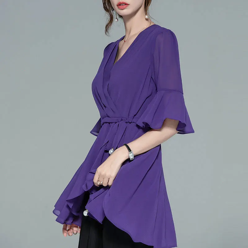 Office Lady Waist Drawstring Midi Shirt Elegant V-Neck Summer Casual Ruffles Irregular Stylish Half Sleeve Solid Color Blouse