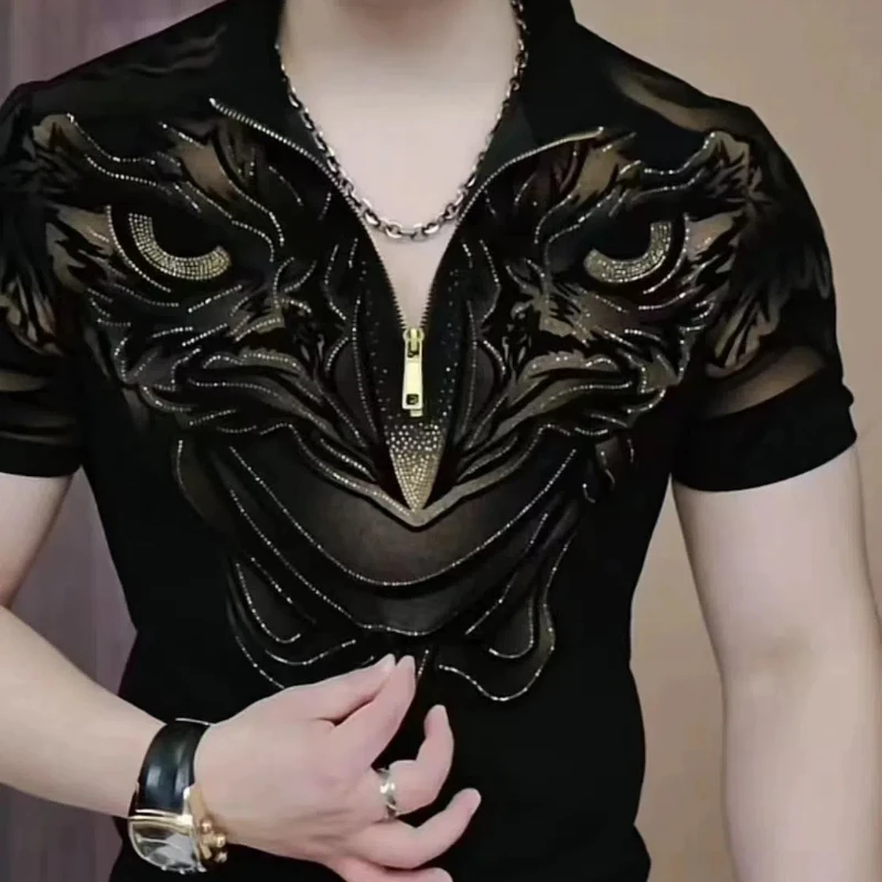 

Hawkeye Gold-plated Lapel Men's Short-sleeved T-shirt with Temperament, Fashionable and Handsome V-neck Stretch Shirt