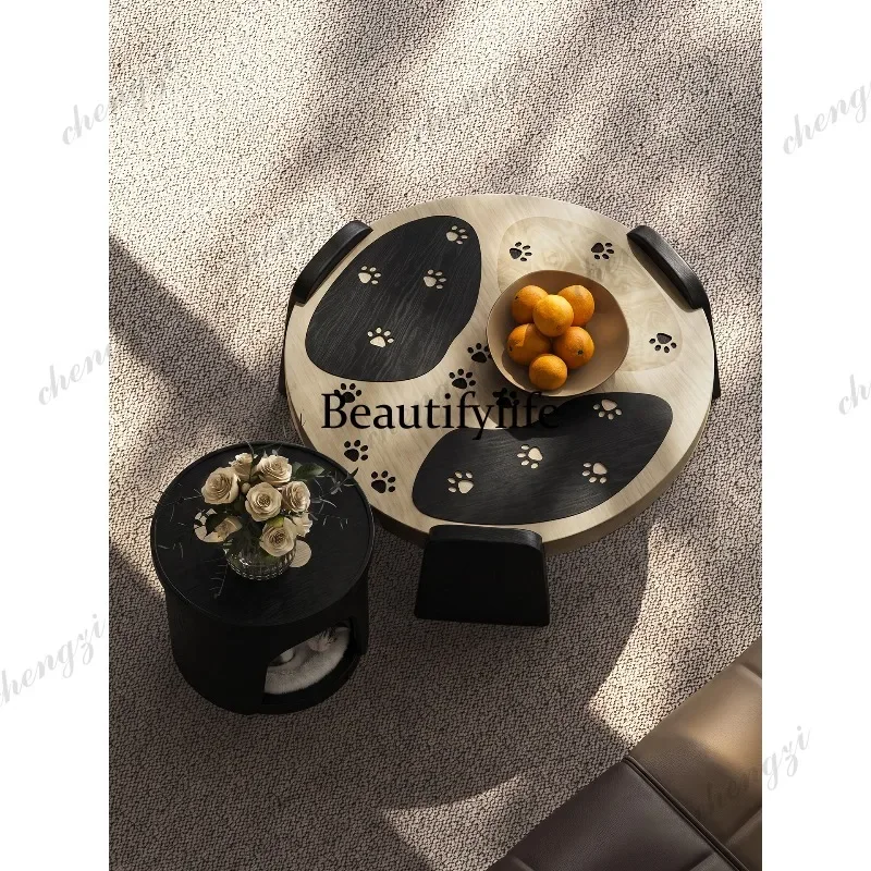 QQ Medieval creative solid wood coffee table combination cute paw print design living room child and mother coffee table