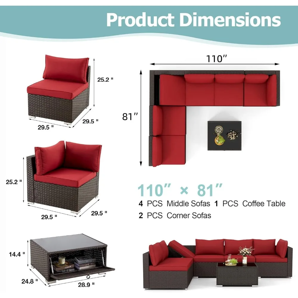 7 Piece Patio Furniture Set with Adjustable Bracket All-Weather Wicker Conversation Set with Coffee Table