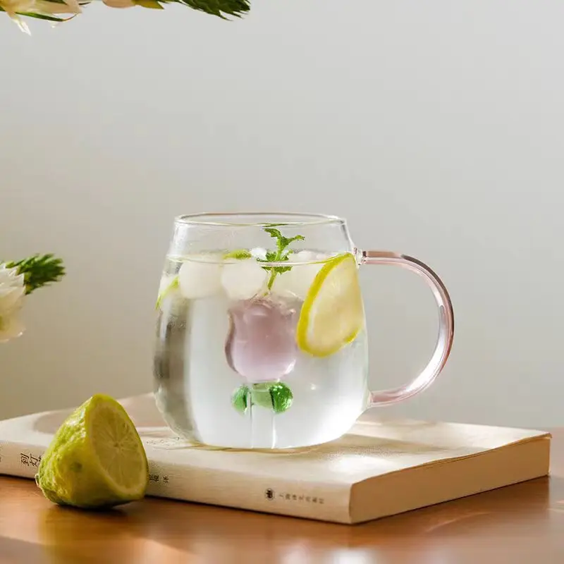 3D Rose  In Glass Cup Mug with Pink Handle High Borosilicate Heat-resistant Glass Cup Milk Coffee Glasses