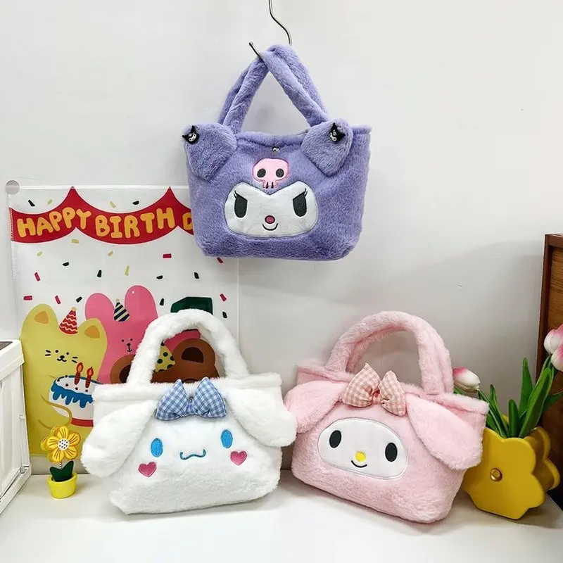 Miniso Sanliou Cute Plush Bag Kuromi 2025 New Girl Handbag Winter Student Cartoon Storage Small Bag Birthday Gift for Friends