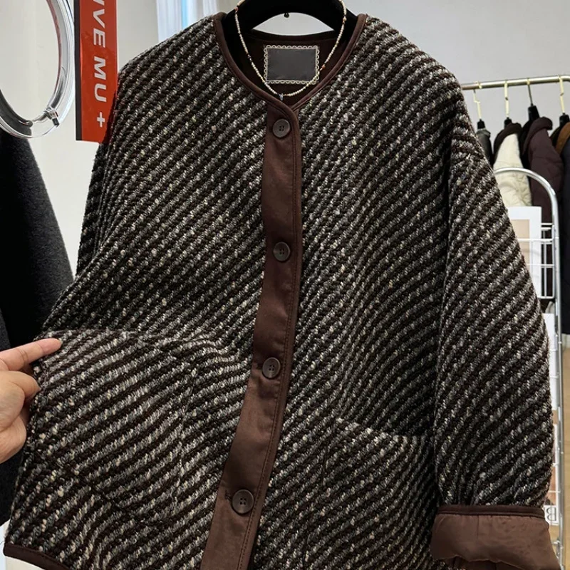 

Корейское модное свободное пальто с круглым вырезом, женское осенне-зимнее новое облегающее и ленивое повседневное твидовое пальто