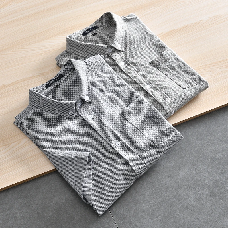 

Comfortable Breathable 60% Cotton 40% Linen Men's Casual Loose Fit Short Sleeve Striped Shirt Summer Top Standard Edition Youth