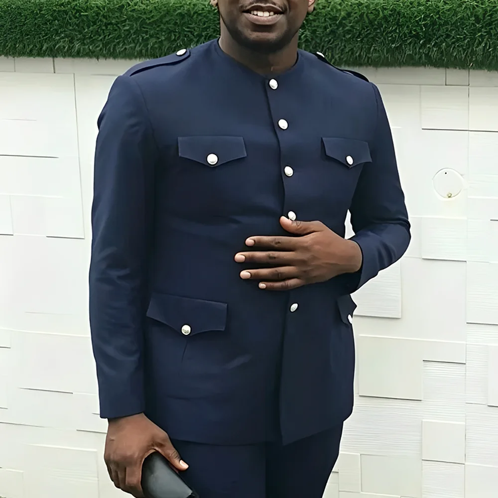 Safari Prom Suits for Men 2 Pieces Navy Blue Male Suits Slim Fit Blazer with Pants Set Business Casual Wedding Groom Formal
