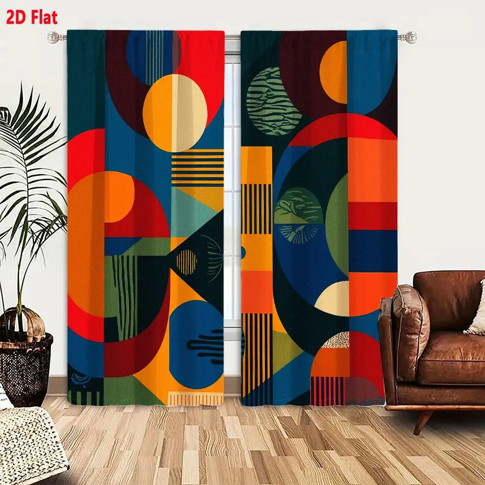 2Pcs Curtains 2D Flat Abstract Geometric Artwork Bold Vibrant Colors Overlapping Interlocking Shapes Circular Rectangular Polygo