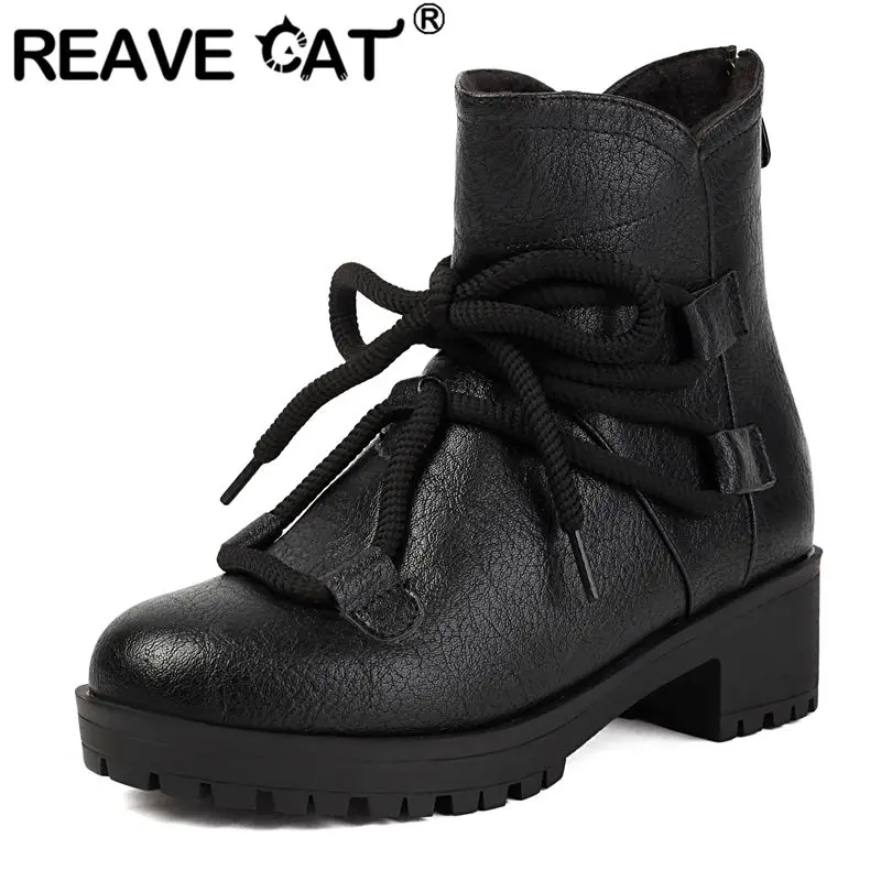 

REAVE CAT Классические женские ботильоны с круглым носком на блочном каблуке 4,5 см на платформе со шнуровкой, большие размеры 44 45 46 Мягкие повседневные повседневные ботинки