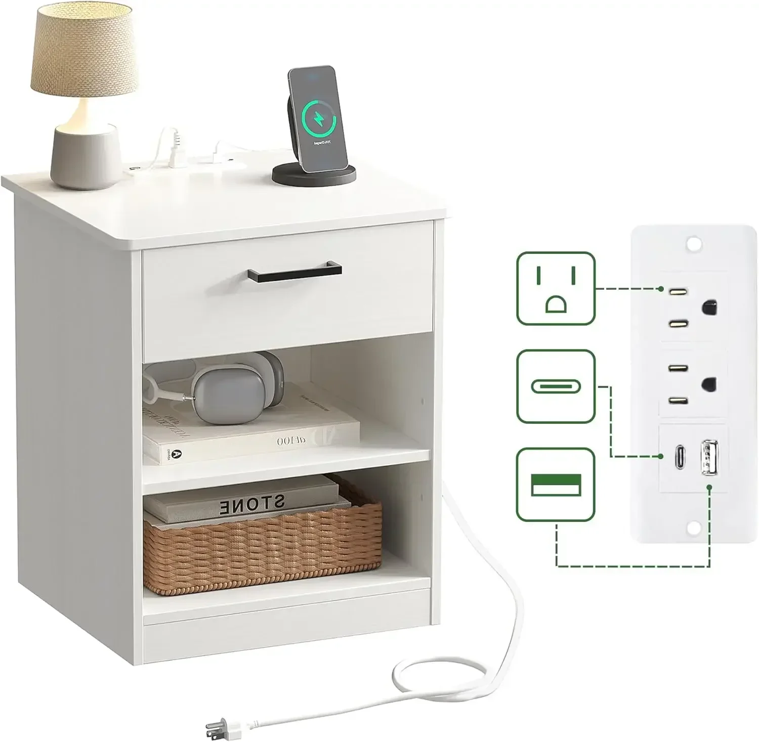 Everyday Side Table with Fast Charging Station - USB C Cable Fast Charging, Wooden White Nightstand Bedside Table with Drawer