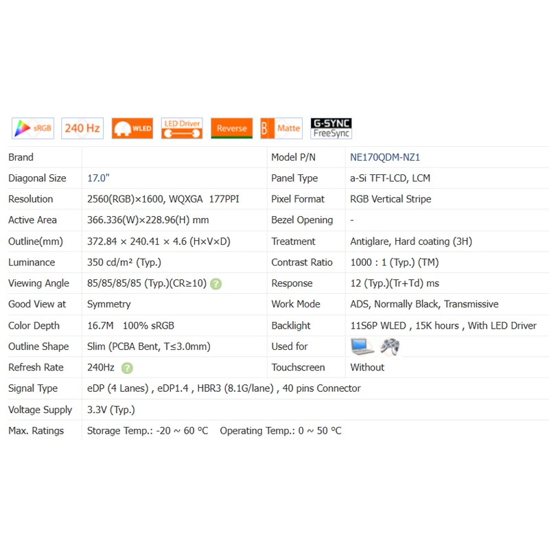 Imagem -05 - Substituição da Tela Lcd para Jogos Painel de Exibição Matriz 17 240hz Ne170qdm Nz1 Ne170qdm-nz1 2560x1600 100 Srgb 40 Pinos Edp