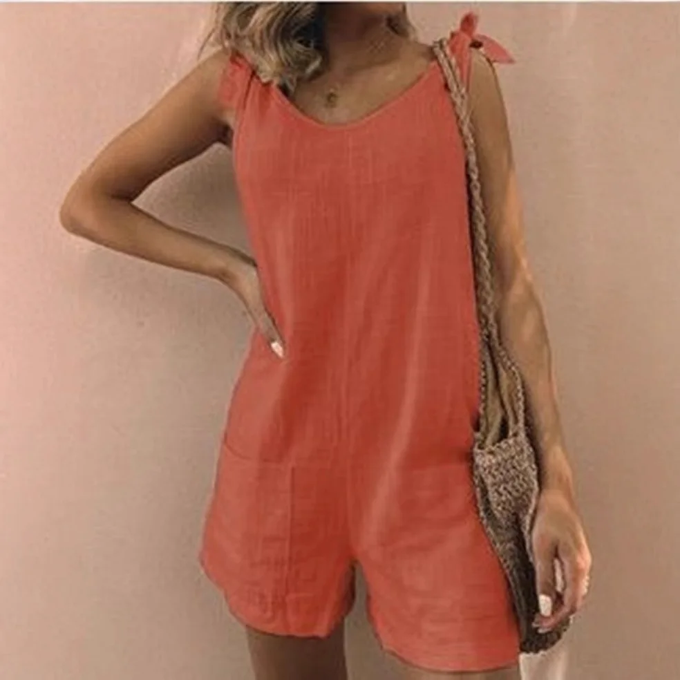 

Summer Women's Solid Cotton Hemp Patch Jumpsuits Sleeveless Pocket Loose Rompers Shorts One Piece Overall