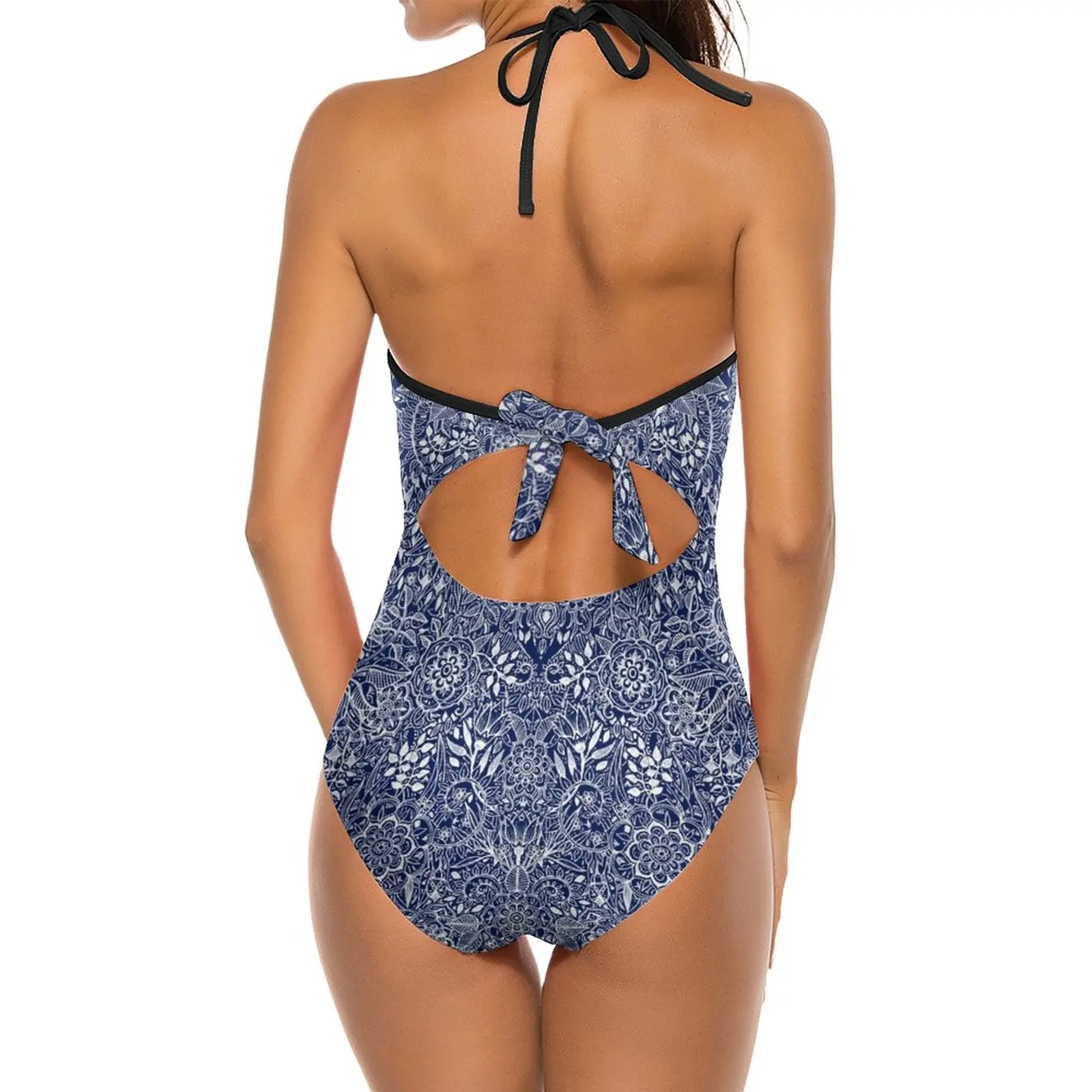 Detailed Floral Pattern In White On Navy One Piece Swimsuit Black Mesh Swimwear Sexy Classic Backless Bodysuit White Navy Blue