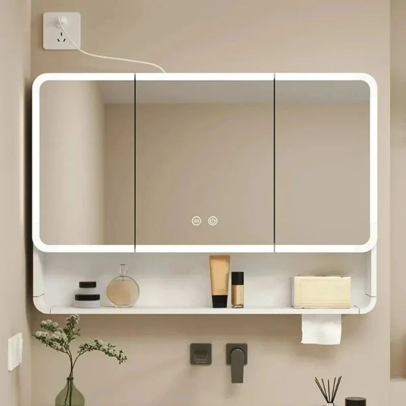 

LED Bathroom Mirror Cabinet Anti Fog Wall Mounted Storage Mirror Carbon Fiber Rounded Corner Makeup Mirror