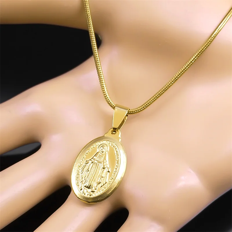 Catholic Virgin Mary Necklace Women Gold Color Religious Faith God Stainless Steel Oval Pendant Exquisite Jewelry Gifts ZZZ443-6