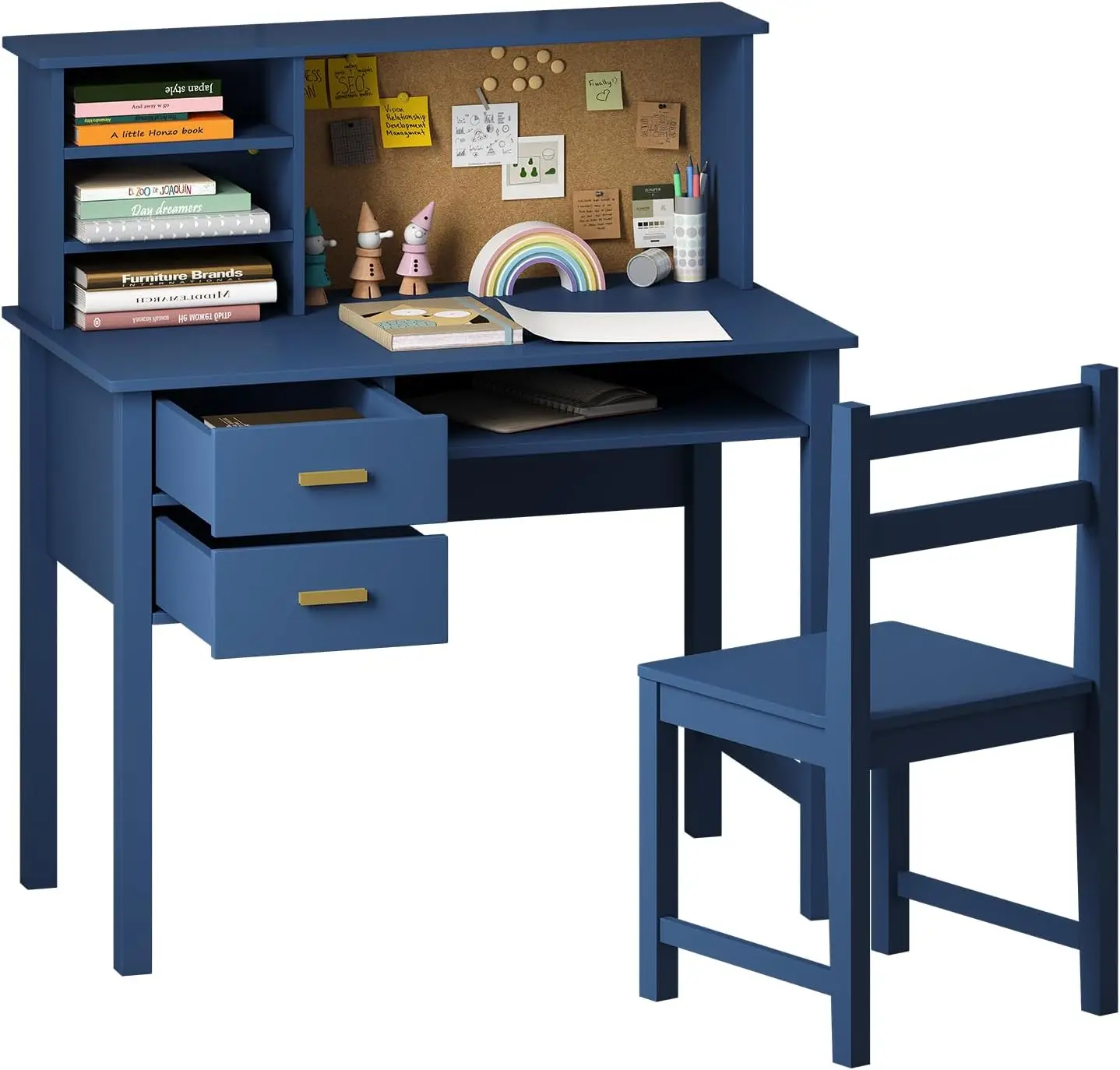 Kids Desk and Chair Set, Wooden Children Study Table with Hutch/Drawer & Bulletin Board, Student Study Desks Computer Desk