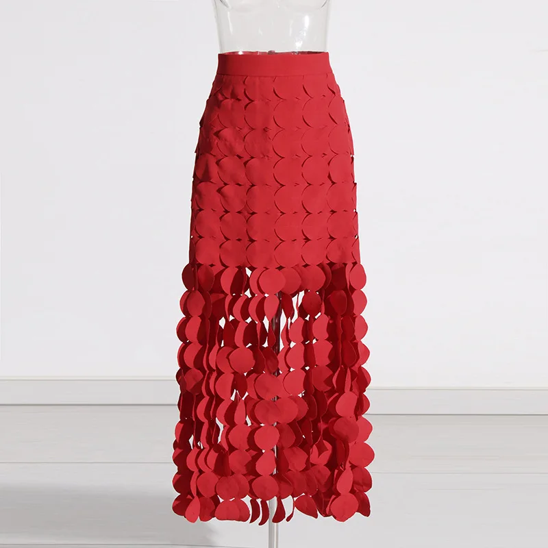 HKSH Summer New Women Tide Chic Elegant Fashion A-line Long Skirt Round Tassel Spliced High Waist Solid Color Half Length HK5200