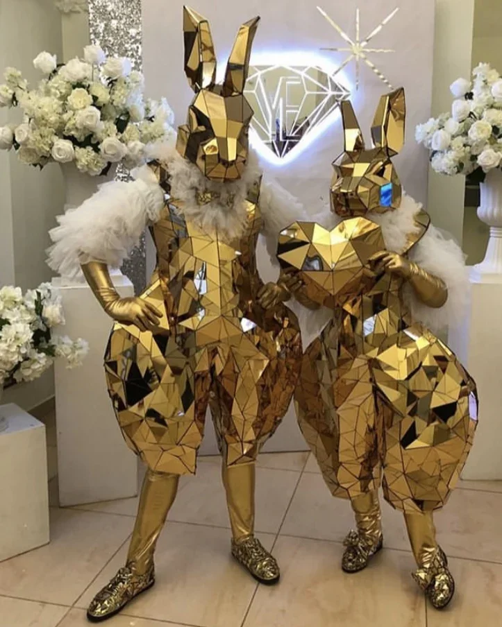 Fato dourado do espelho do coelho para homens e mulheres, cosplay do partido do halloween, mostra do estágio