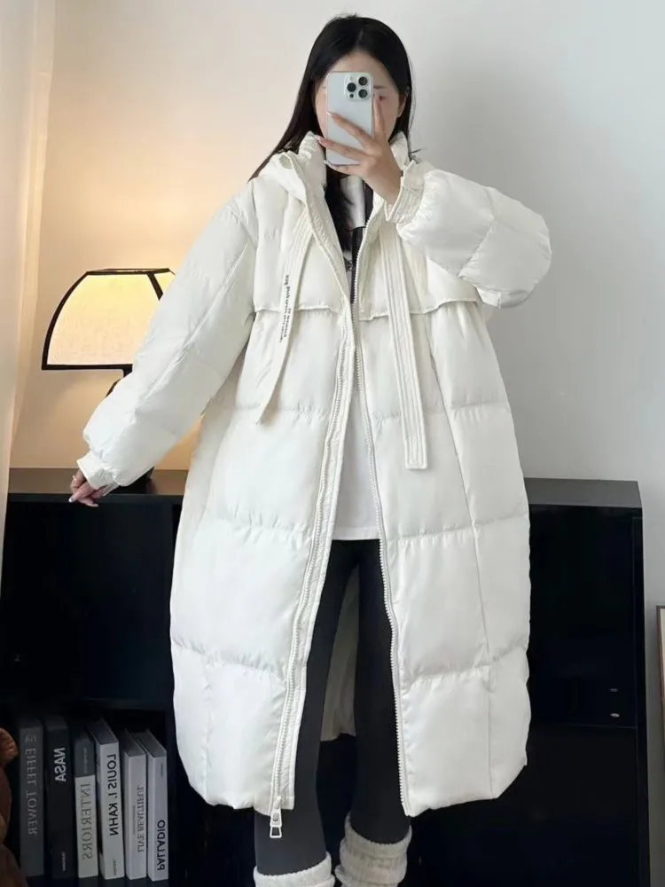 

Women Winter Thicken Hooded Down Long Coat Casual Long Sleeve Warm Zipper Pocket Coats New Korean Fashion Female Parka Overcoat