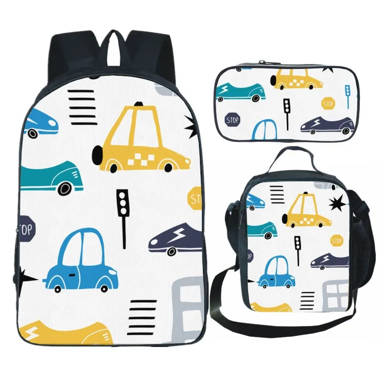 Cartoon Transport Auto 3 teile/satz Rucksack 3D-Druck Schüler Bücher tasche Laptop Daypack Umhängetasche Bleistift Fall leichte Tasche