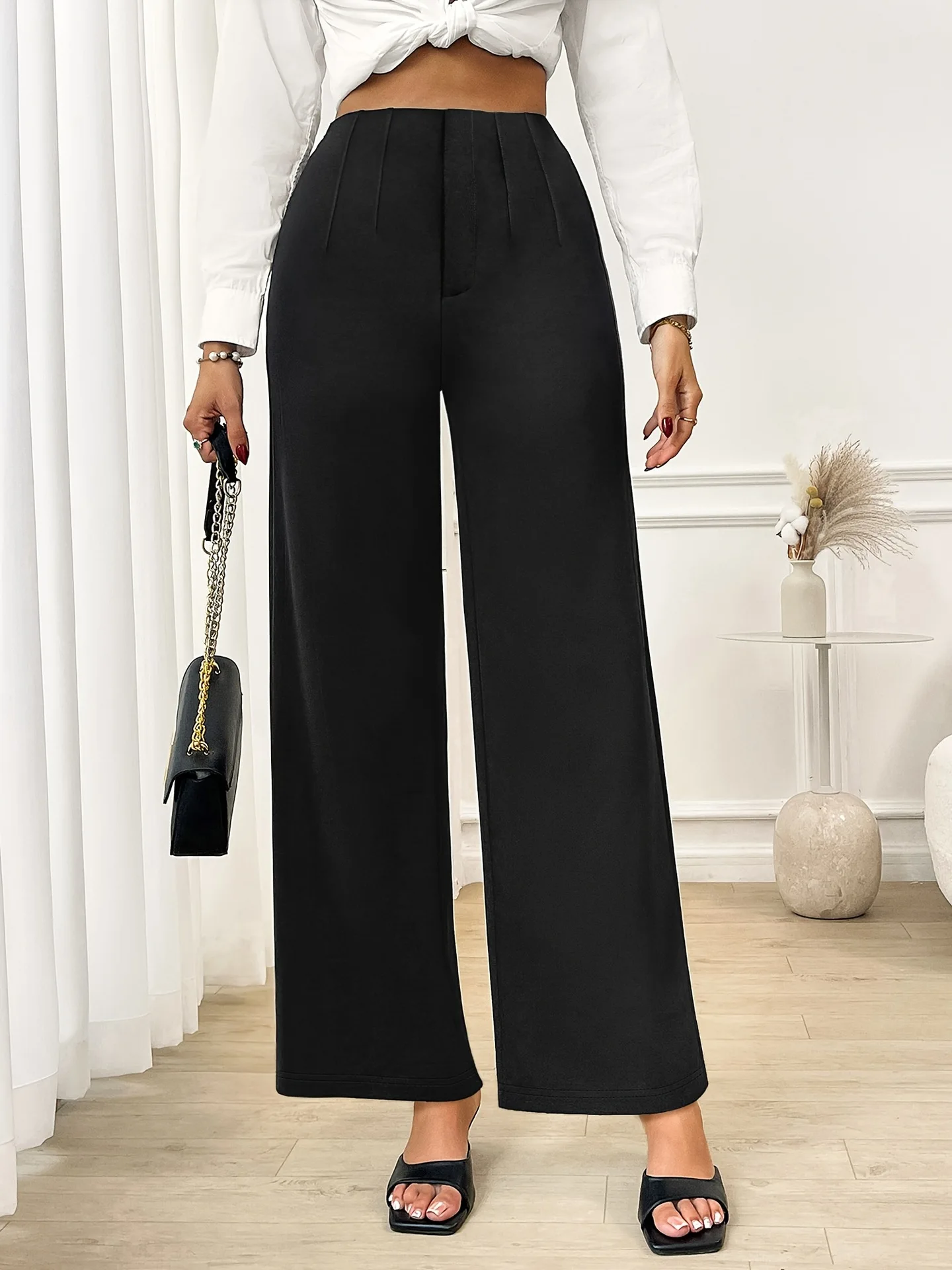 

Fashionable High-Waisted Straight Leg Pants for Women - Comfortable Wide Leg Trousers for Office Commuting Elastic Waist