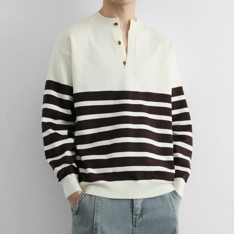 

Pullover Button Contrast Striped Versatile Sweater for Men's Casual Fashion Top