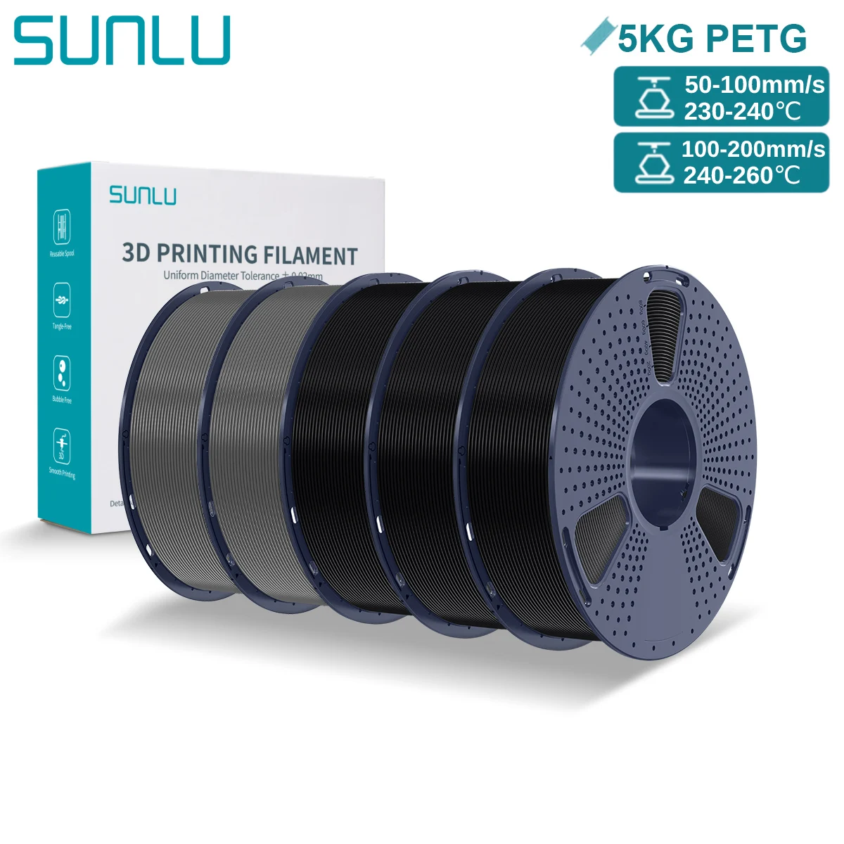 SUNLU PETG 3D-Drucker-Filament, 5 kg, ordentlich gewickelt, gute Zähigkeit, 1,75 mm 3D-Filament mit wiederverwendbarer Spule für die meisten FDM-Drucker