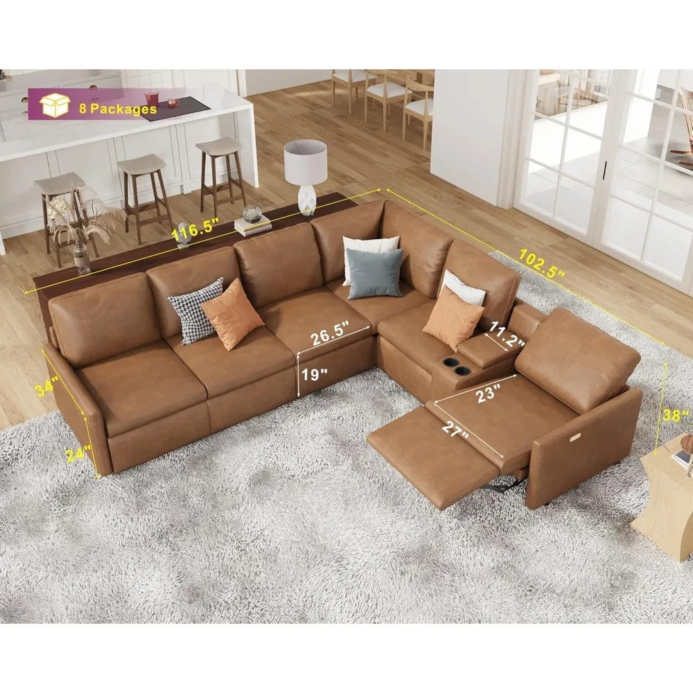 Reclining Sectional Sofa, Power Recliner with Console& Single Right Recliner, 6 Seats L Shaped Couch with Cup Holder