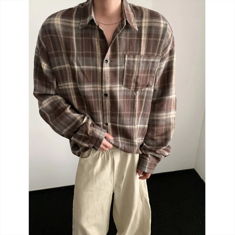 

Autumn Long Sleeved Shirt Men Fashion Retro Plaid Shirt Men Japanese Streetwear Loose Brown Casual Shirts Mens Large Size 4XL