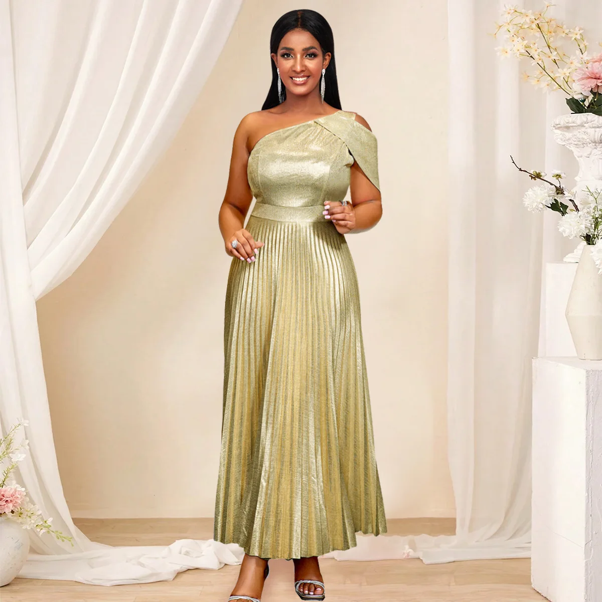 AM040323 Summer New Elegant One Shoulder Sleeveless Dress Banquet Master Gold Pleated Dress