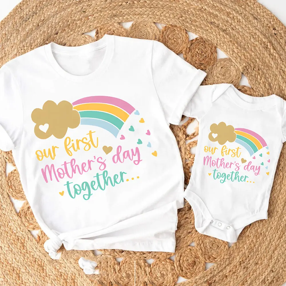 Rainbow Print Family Matching Outfits Our First Mather's Day Together Family Outfit Mom T Shirt+baby Romper Mathers Day Present