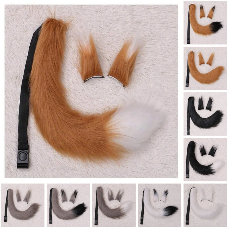 Long Furry Fox Tail Ears Hair Clips Set Anime Cosplay Costume Props Lolita Animal Cat Tail Fursuit Plush Tail Faux Fur Haripins