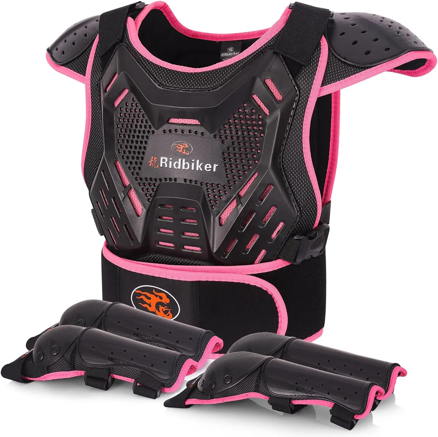 

Детский комплект защитной экипировки для мотоцикла: защита груди, наколенники и налокотники для мотокросса, велоспорта, скейтбординга - розовый