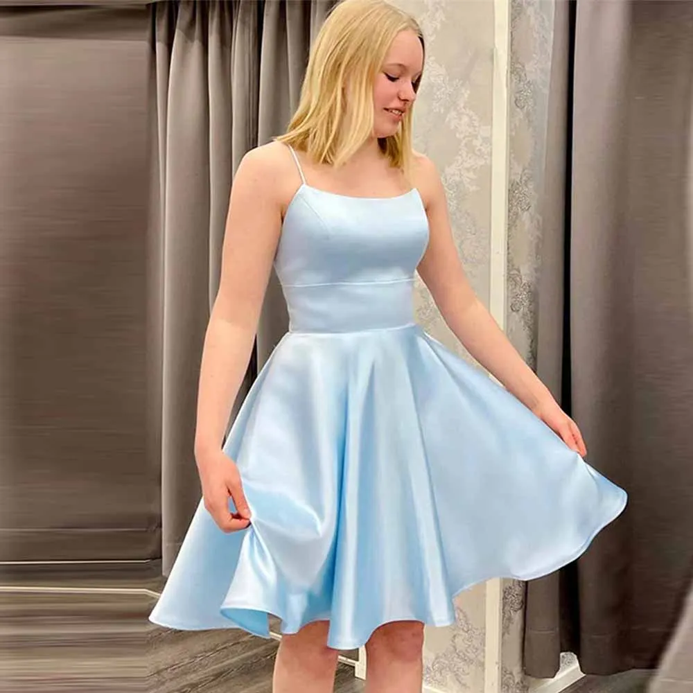 فساتين حفلات الكوكتيل النسائية البسيطة من الساتان على شكل حرف a لحفلات العودة للوطن أزرق سماوي بدون حمالات مكشكش برباط علوي فساتين لحضور الحفلات الموسيقية للسيدات صغيرة