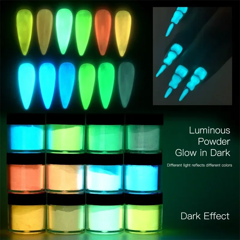 FSIXCL-polvo de inmersión luminoso de 12 colores que brilla en la oscuridad, polvo acrílico para decoración de manicura con efecto fluorescente