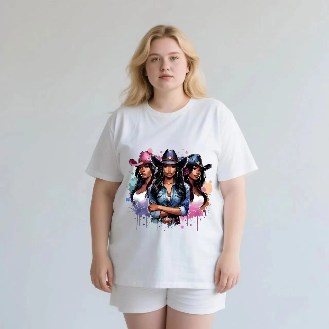 

Cartoon character print with a high-end feel, worn on both inside and outside plus size Ladies' casual short sleeved T-shirt