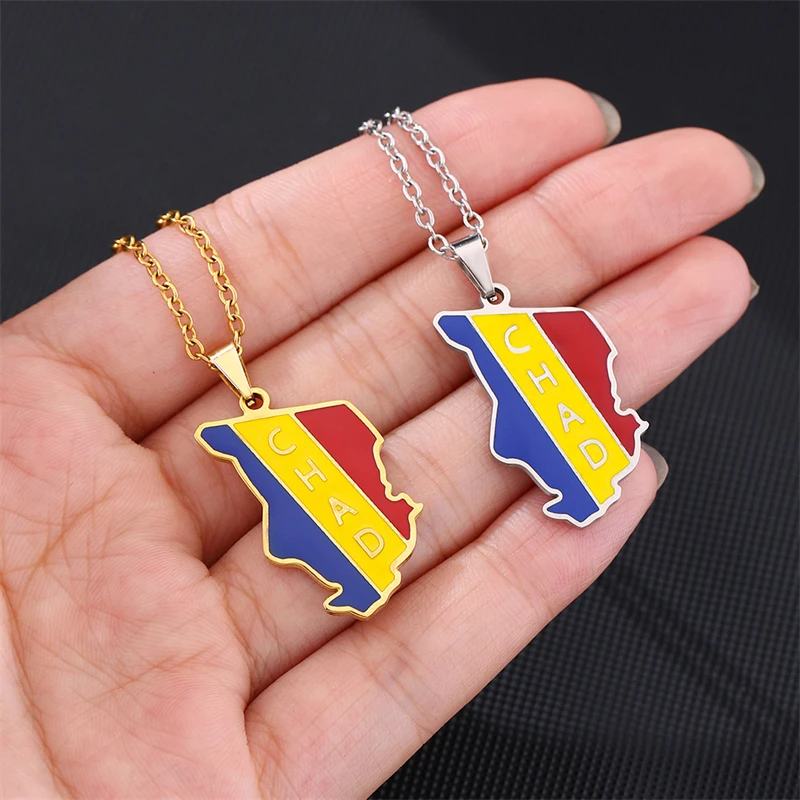 Stainless Steel Republic of Chad Map Flag Pendant Necklaces Gold Silver Color Enamel Party Charm Jewelry Tchad Maps