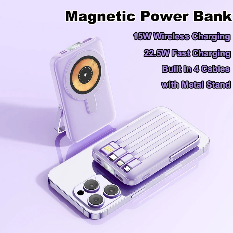 

20000mAh Magnetic Wireless Power Bank with Cable Stand 22.5W Fast Charger External Battery for Magsafe iPhone 17 Samsung Xiaomi