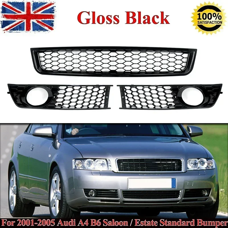 

For 2002-2005 Audi A4 B6 Sedan Honeycomb Front Bumper Lower Grille + Fog Light Grill Racing Grills Auto Exterior Parts