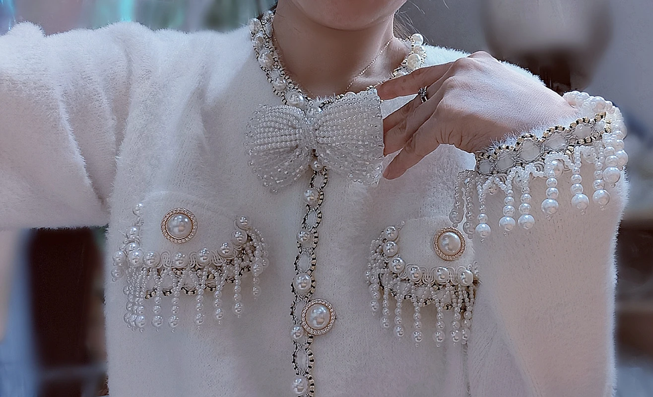 Luxury Style Pearls Beads Tassels Faux Fur Knitted Thickened Cardigan Bowtie Beading Sequins  Sweater Coat Outwear Jacket Tops