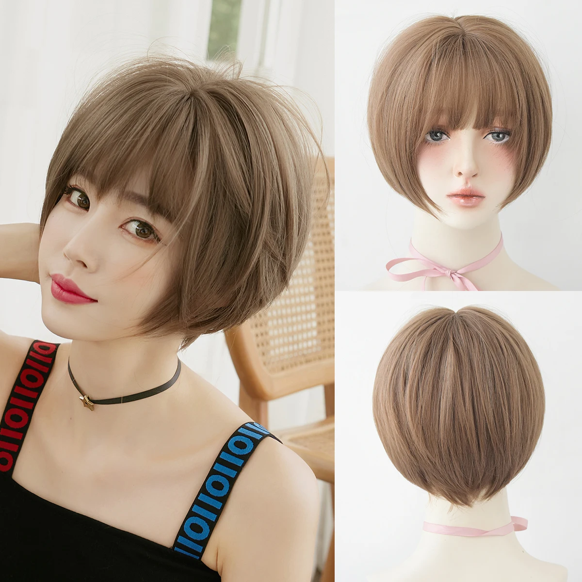 7JHH WIGS Kurze, glatte, honigbraune Perücke für Damen, synthetisch, hitzebeständig, modisch, sofort tragbar, Bob-Perücken mit ordentlichem Pony