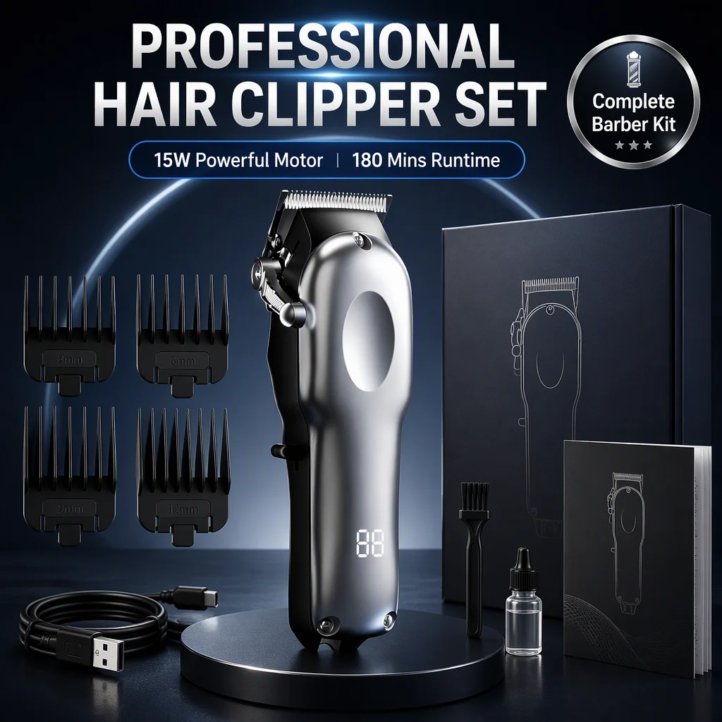 Professional Men Hair Clipper Trimmer Set 15W Powerful Cordless Beard Shaver LED Display Barber Haircut Machine Grooming Kit DIY