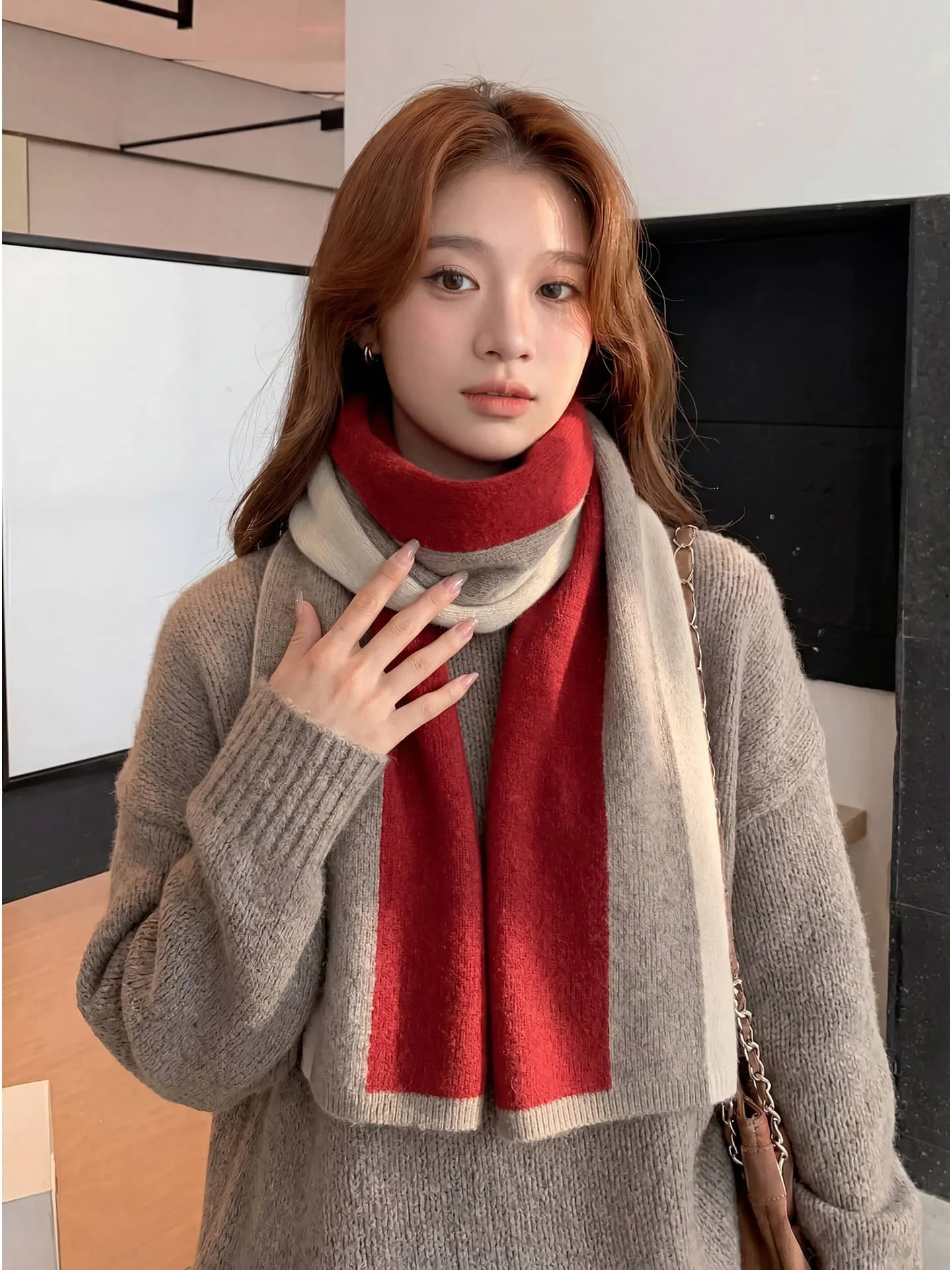 100% Merino Wool Women's Contrasting Splicing Scarf, Autumn Winter Thick Casual Fashion Cashmere Knitted Scarf