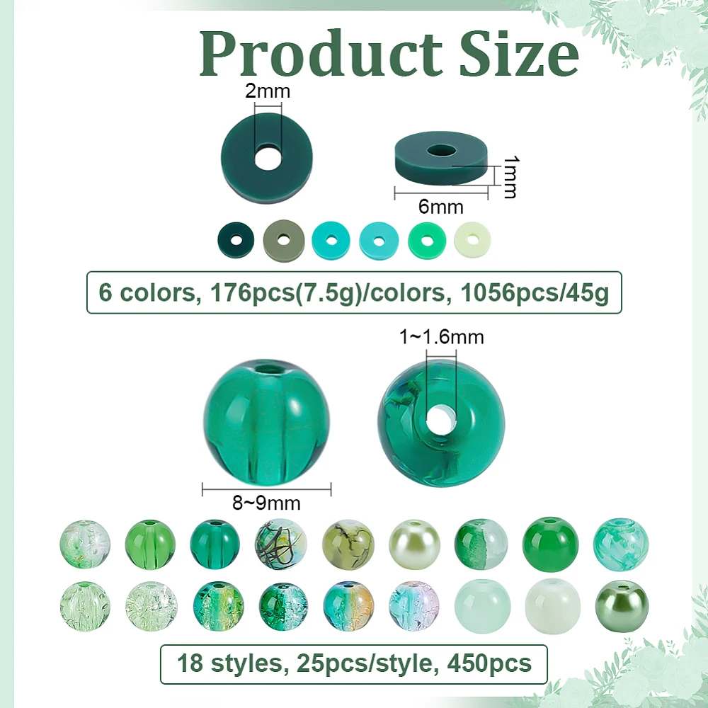 1506pcs Green Glass Beads for St. Patrick's Day 8mm Round Glass Beads Crackle Bead 6x1mm Polymer Clay Bead for Bracelet