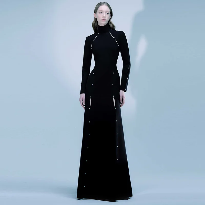 

New Fashionable Commuting Long Sleeved Stand Up Collar Simple Diamond Studded Nail Bead Long Dress And Floor Length Dress