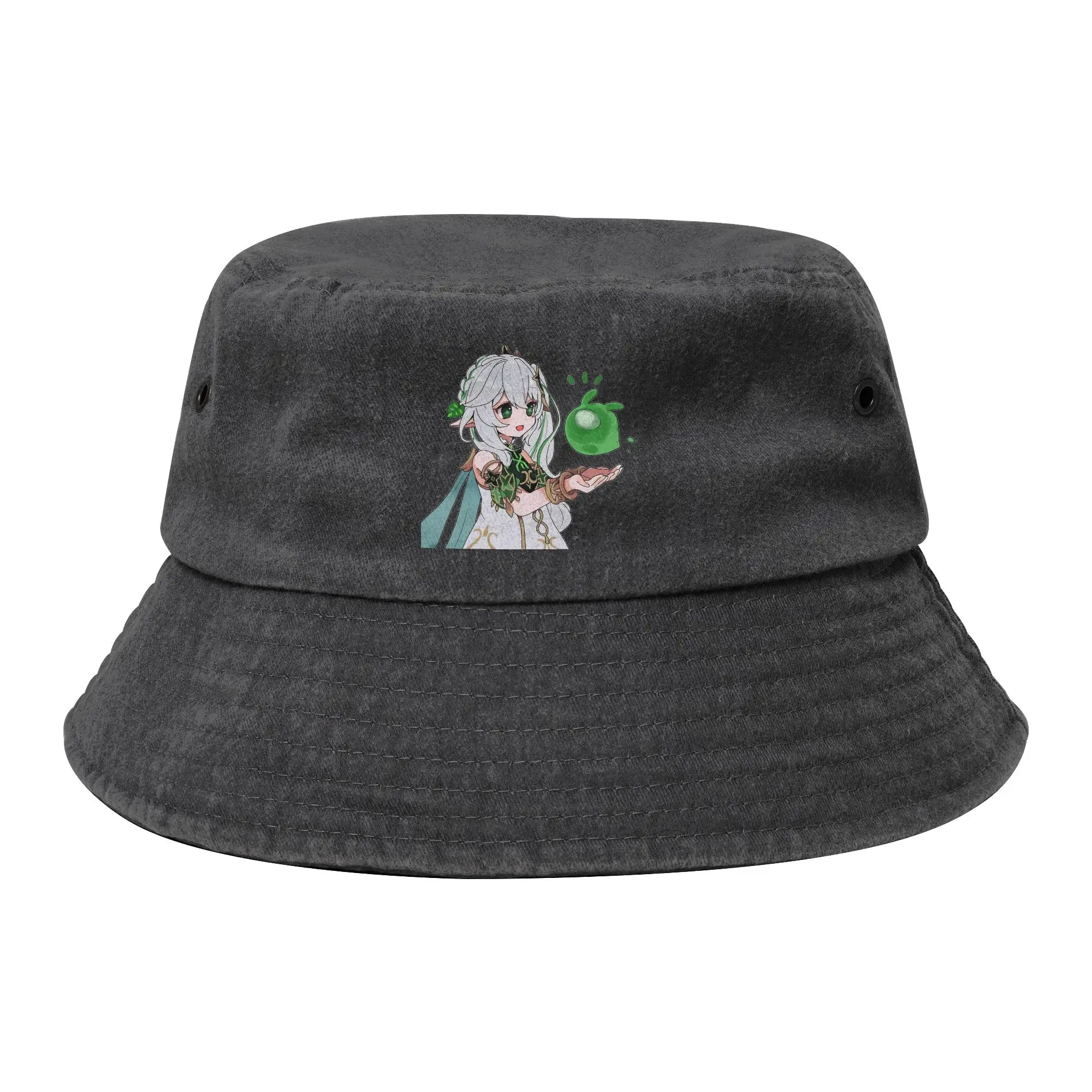 Unisex Distressed Denim Washed Bucket Hat Cute Nahida Genshin Impact Sport Fishing Hat  Bob Hat Gifts Idea
