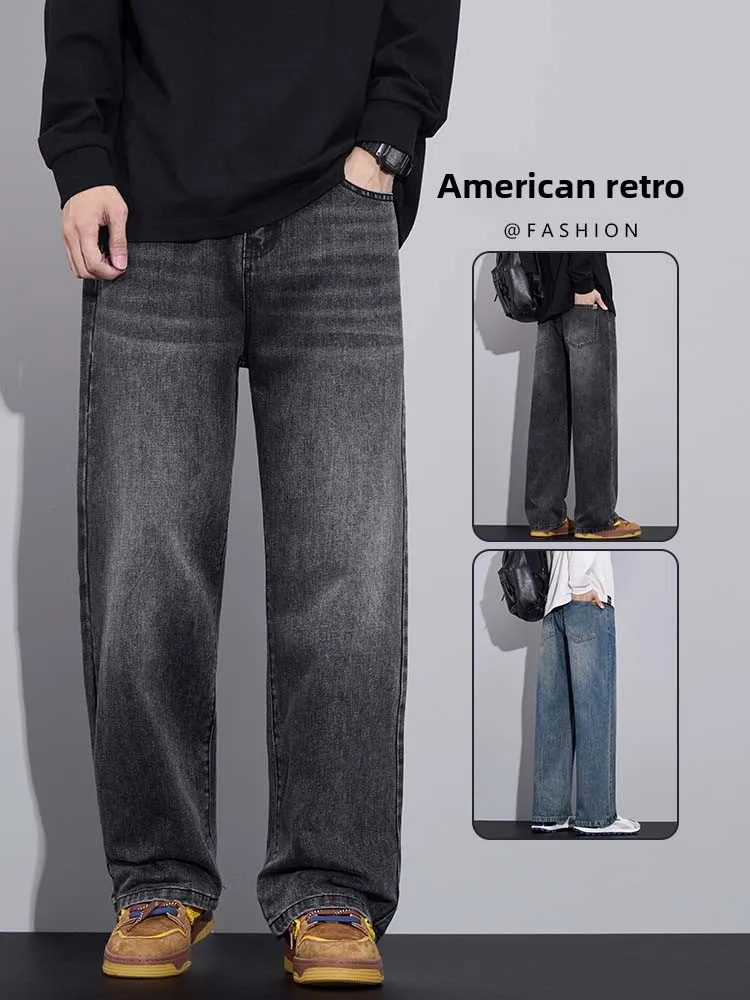 

Men's Casual Straight Leg Jeans Thickened Winter Autumn Wear Comfortable Loose Fit Classic Style Blue Denim Trousers