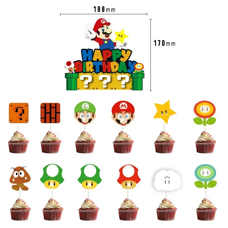 Fournitures de fête à thème dessin animé Super Mario Bros Out, bannières d'anniversaire pour enfants, décorations de gâteau, ballons, ensembles de décoration de fête