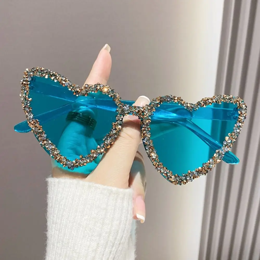 Sun-Protective Heart-shaped Sunglasses Candy Color Rhinestone Decoration Outdoor Sunglasses Eyewear Party Glasses