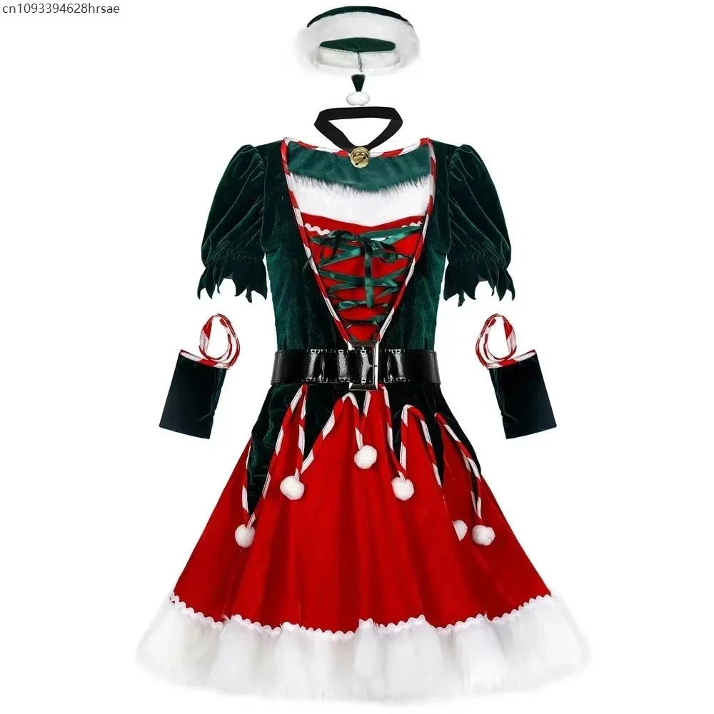 Q1 المرأة عيد الميلاد الجان زي حفلة عيد الميلاد تأثيري مثير فستان عيد الميلاد سانتا كلوز قزم زي X-Mas فستان يتوهم الزي