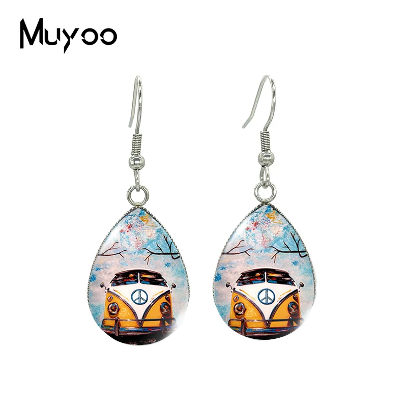 2023 New Peace Van Tear drop Earring Camper Bus Fish hook Earrings Glass Cabochon Jewelry Handmade Items