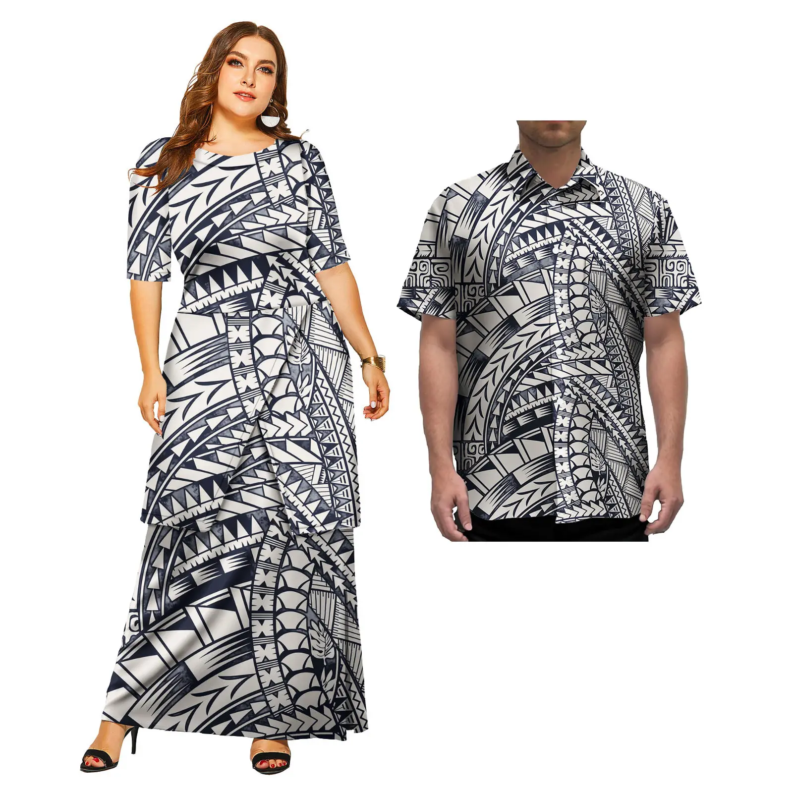 Hawaiian Floral Print Elegant Women Puletasi Dress and Aloha Shirts Casual Samoa Polynesian Couple 2 Pcs Set